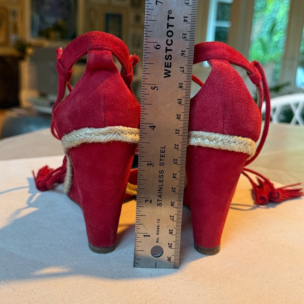 AQUAZZURA Sunshine Pompom Red Suede Wedge Sandal Espadrille US 7/7.5 / EU 37.5 - Picture 6 of 10